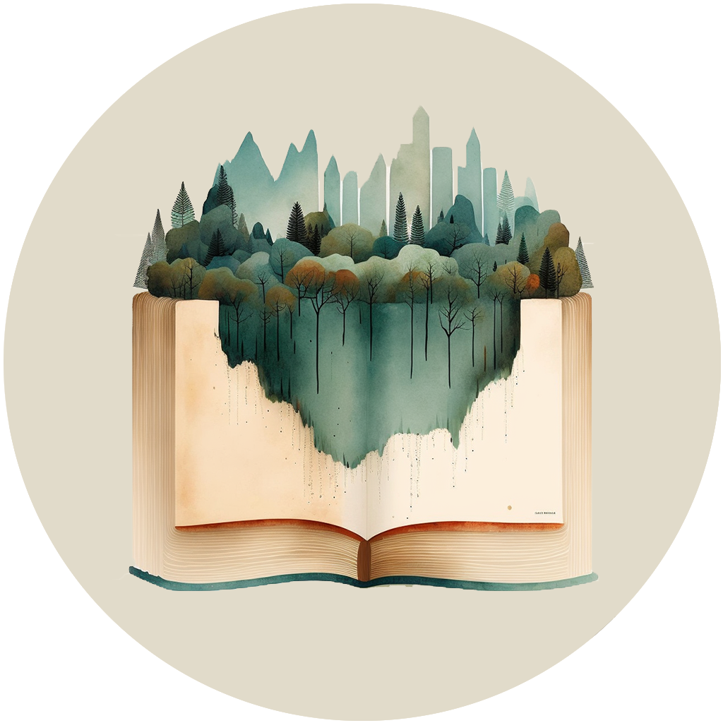 Aquarelle d'un livre sur lequel coule une foret avec des arbres, des montagnes et quelques bâtiments en fond