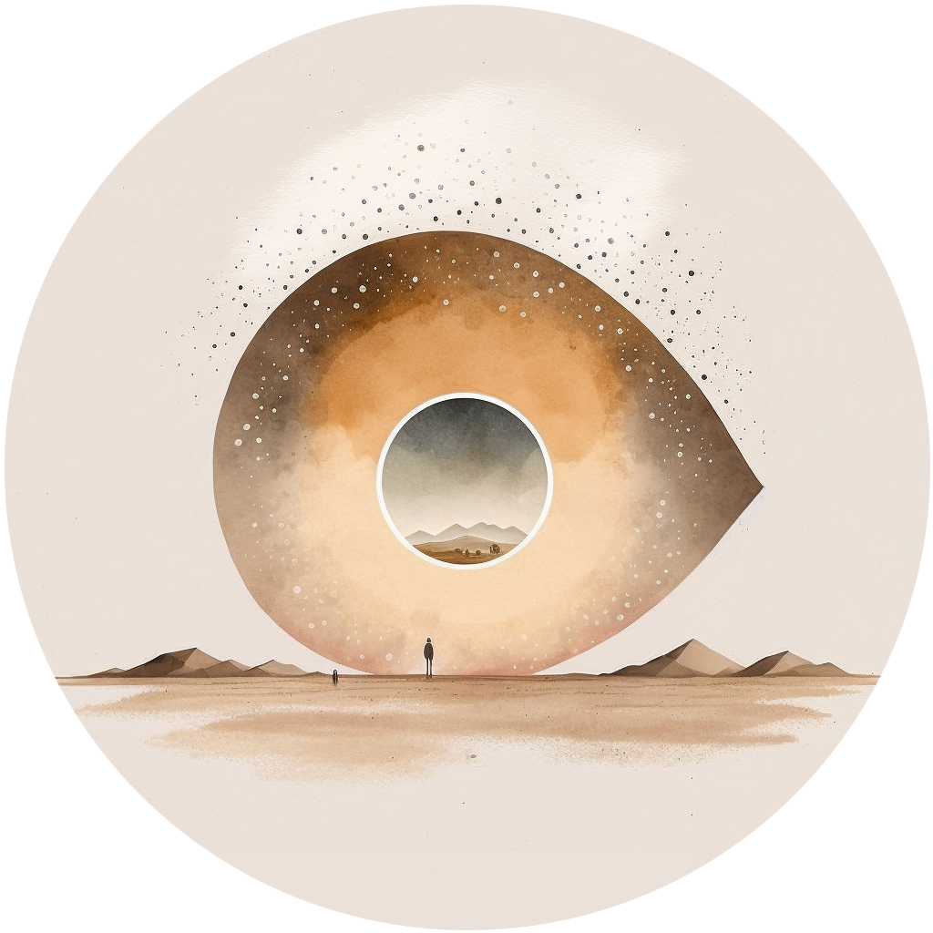 Aquarelle d'un oeil géant stylisé dans un desert